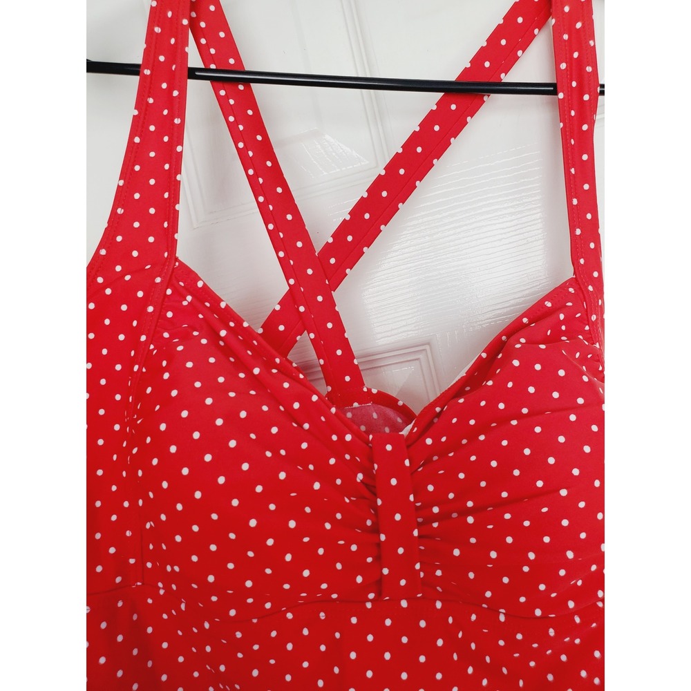 Retro Pinup Red Polka Dot Swimdress Ruched Modest Swimsuit Beach One Piece XL